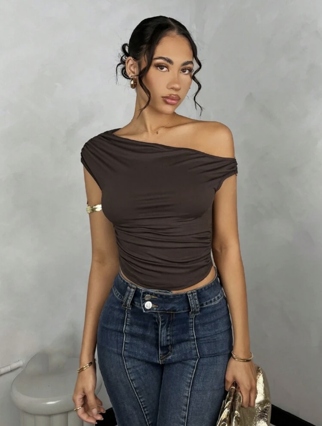 Ruffled Asymmetric Top Brown