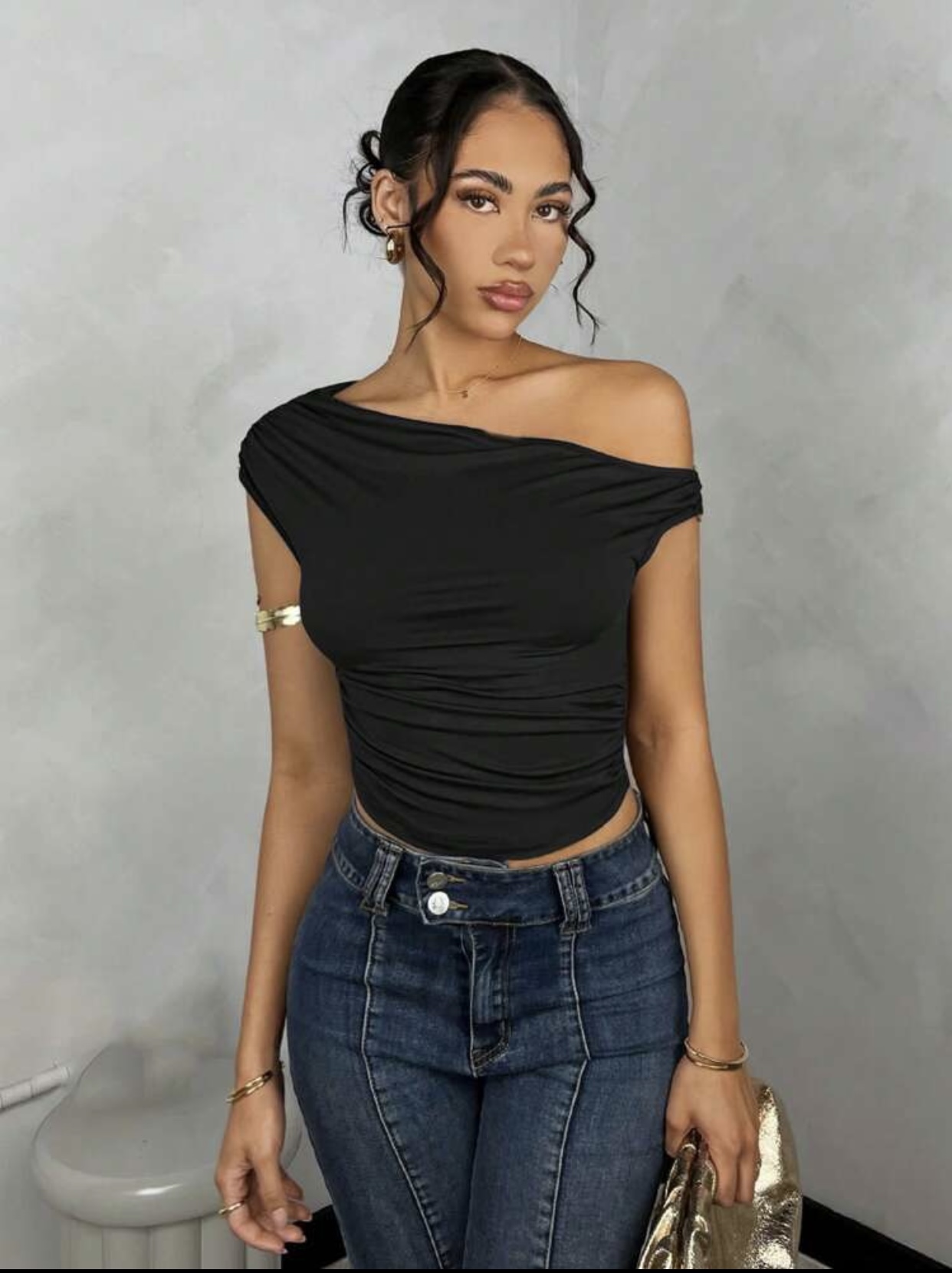 Ruffled Asymmetric Top Black